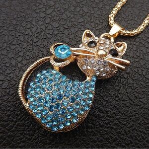Blue Crystal Rhinestone Cat Pendant Necklace NWOT